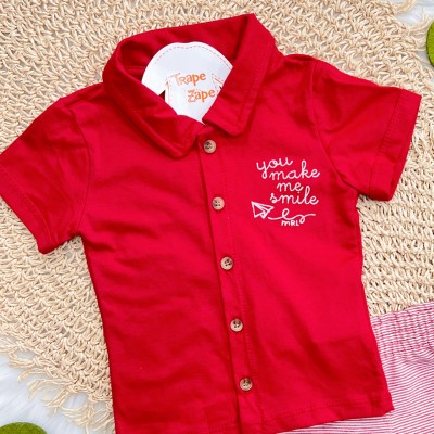 Conj. Camisa "You Make Me Smile" e Bermuda Listrada - Vermelho